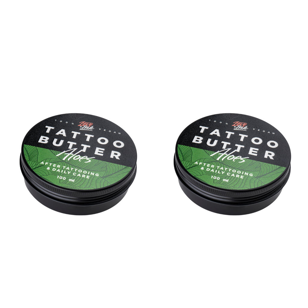 dvě balení Tattoo Butter Aloe v hliníkové plechovce se zelenou etiketou