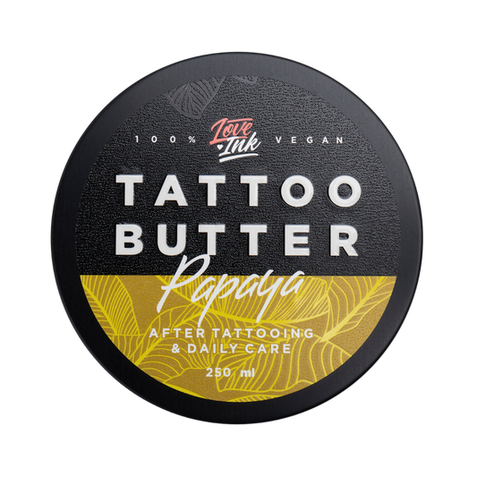 Tattoo Butter Papaya ve velké černé hliníkové 250ml plechovce se žlutou etiketou loveink