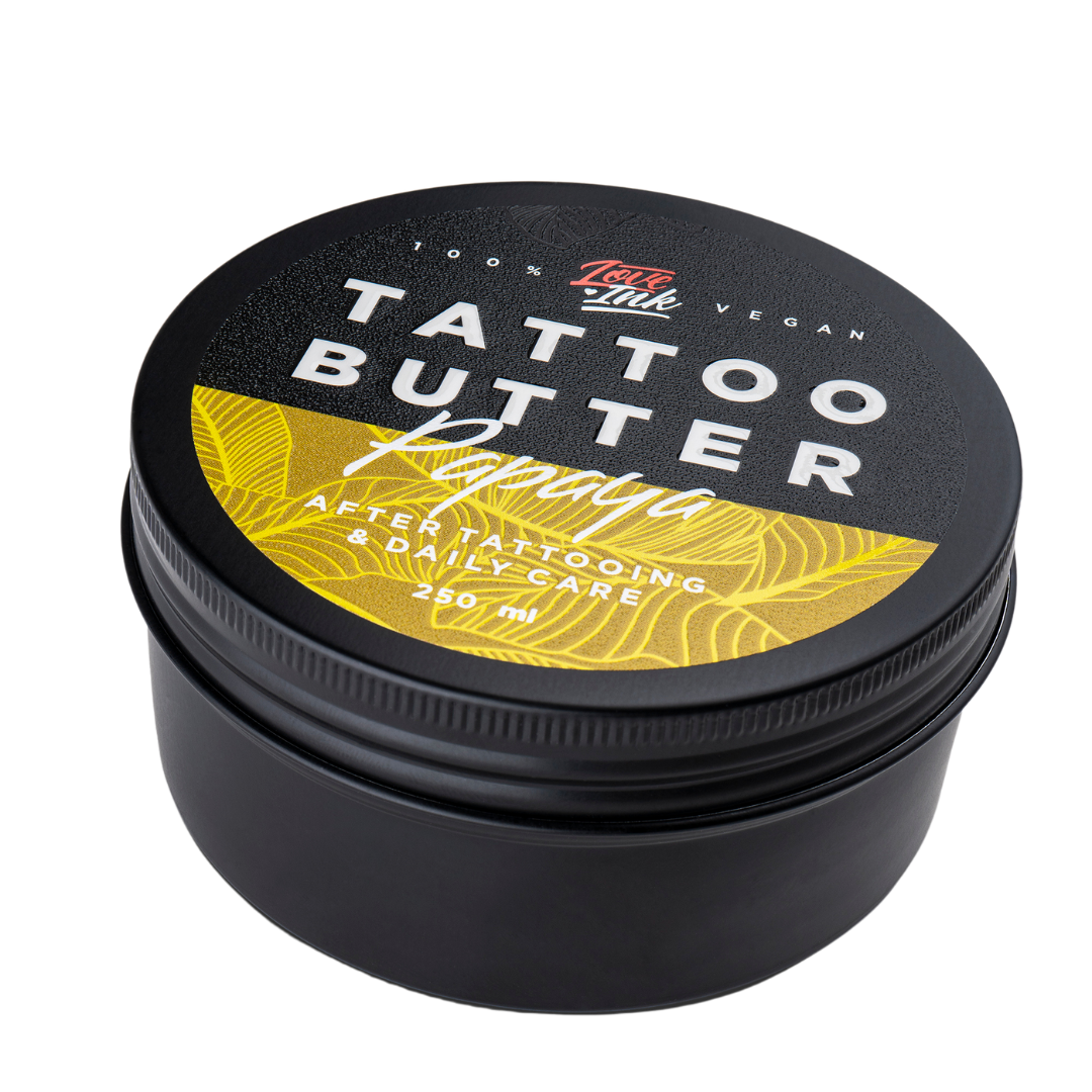 Tattoo Butter Papaya ve velké černé hliníkové 250ml plechovce se žlutou etiketou