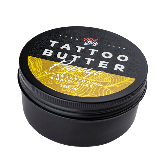 Tattoo Butter Papaya ve velké černé hliníkové 250ml plechovce se žlutou etiketou