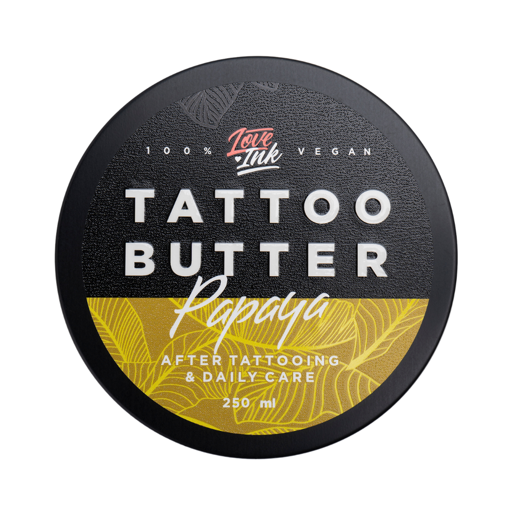 Tattoo Butter Papaya ve velké černé hliníkové 250ml plechovce se žlutou etiketou loveink